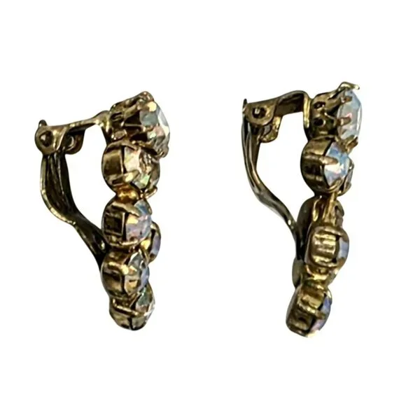 1950s Aurora Borealis Rhinestones Clip-On Earrings Drop Cluster Western Germany - Picture 7 of 10